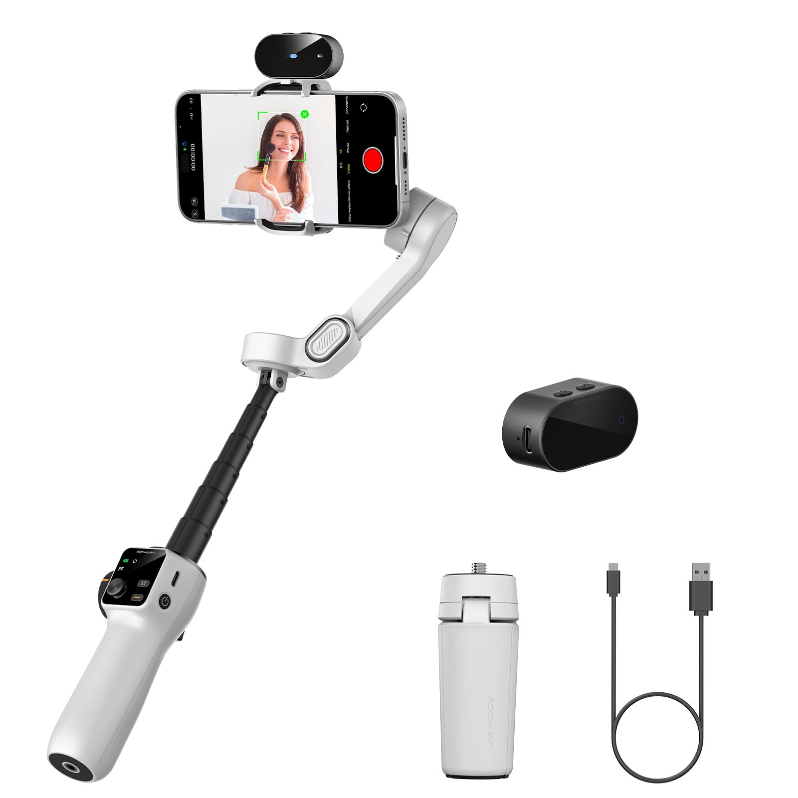 3-axis Gimbal Stabilizer w/Built-in 7.8' Extension Rod, Vlogging Phone Gimbal w/AI Tracking, Portable Smartphone Holder for iPhone w/Full-Screen OLED Display, Trigger Button Smart V8(Black)