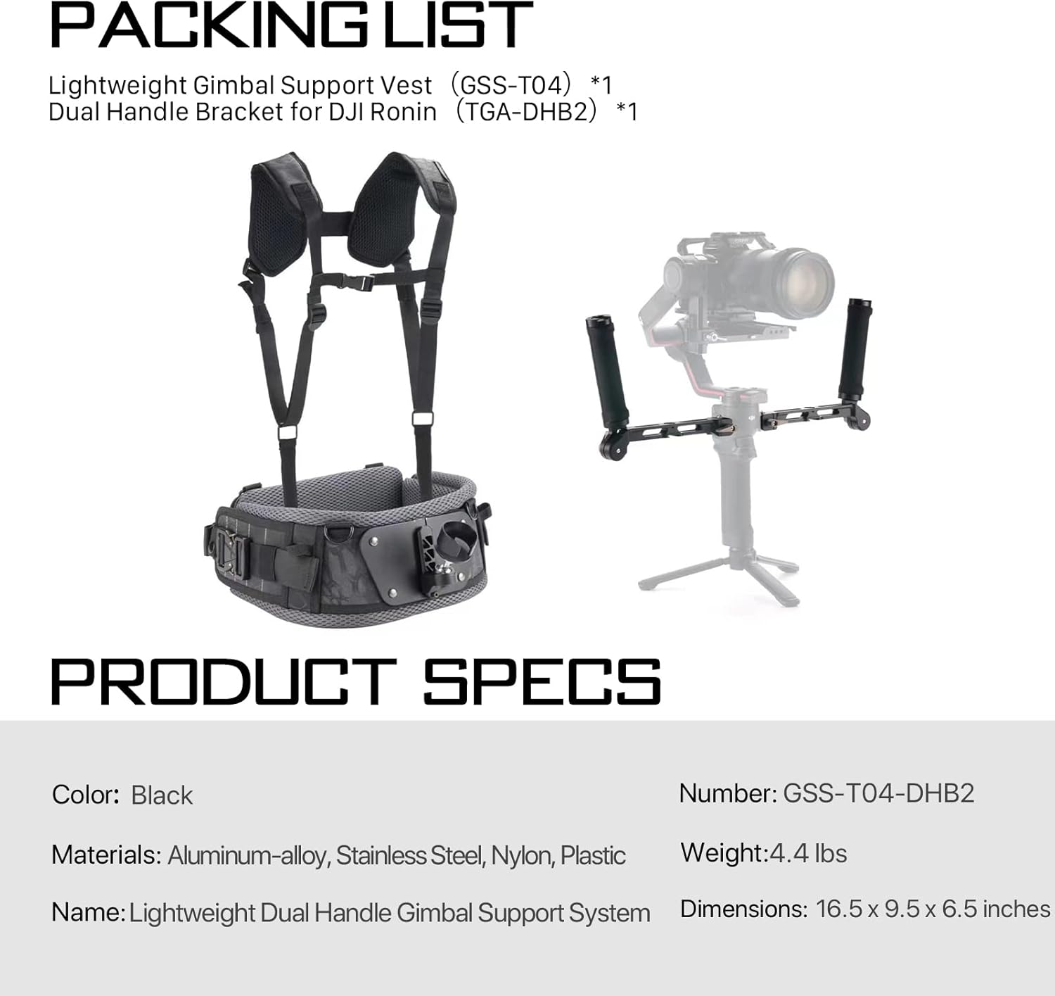 Tilta Lightweight Dual Handle Gimbal Support System | Compatible with DJI Ronin RS3 Pro/ RS4/ RS4 Pro | Ergonomic Support for Long Shoots | GSS-T04-DHB2 (Support Vest with Handles)