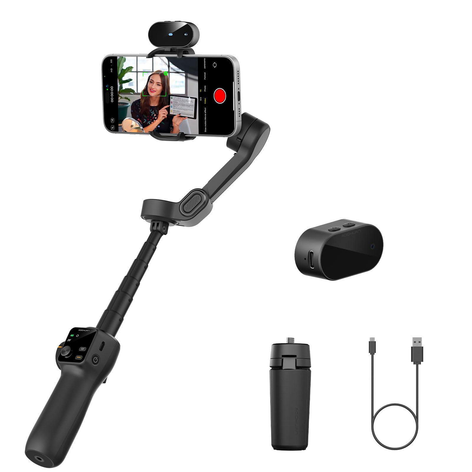3-axis Gimbal Stabilizer w/Built-in 7.8' Extension Rod, Vlogging Phone Gimbal w/AI Tracking, Portable Smartphone Holder for iPhone w/Full-Screen OLED Display, Trigger Button Smart V8(Black)