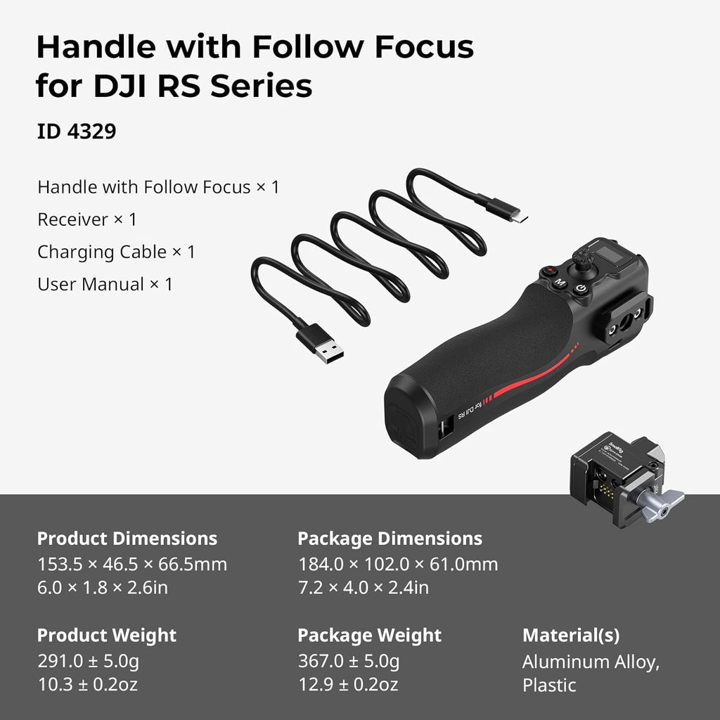 SMALLRIG Handle with Follow Focus for DJI RS 2 / RS 3 Pro/RS 4 / RS 4 Pro Gimbal Stabilizer, Handle with 1/4"-20 locating Holes and a Cold Shoe Mount, Max Load 4.4lb