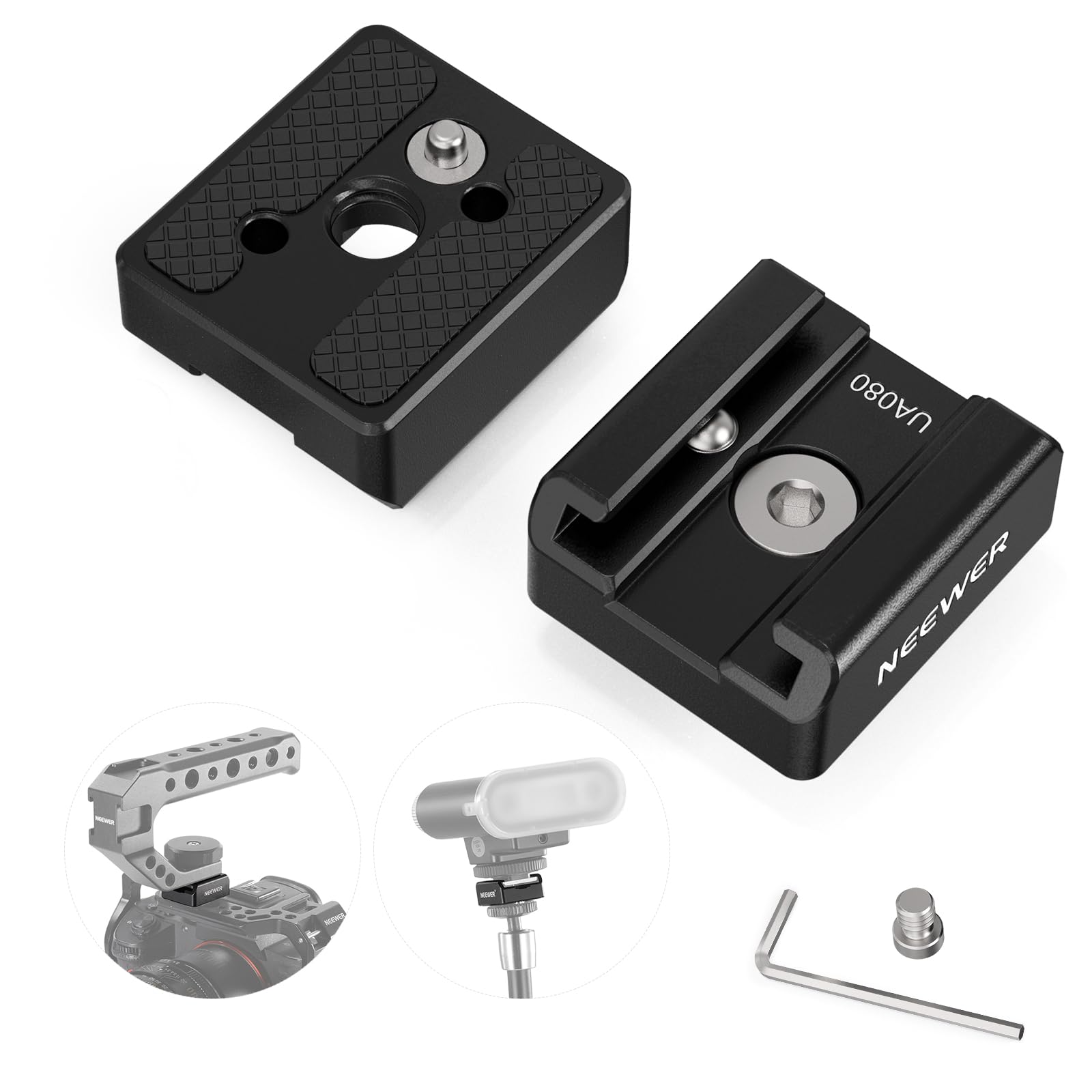 NEEWER 2 Pack Cold Shoe Mount Adapter with 1/4" Screws for Flash LED Light Monitor Microphone, Aluminum Shoe Mount with Anti Twist Pins Non Slip Pads Compatible with SmallRig Cage Top Handles, UA031