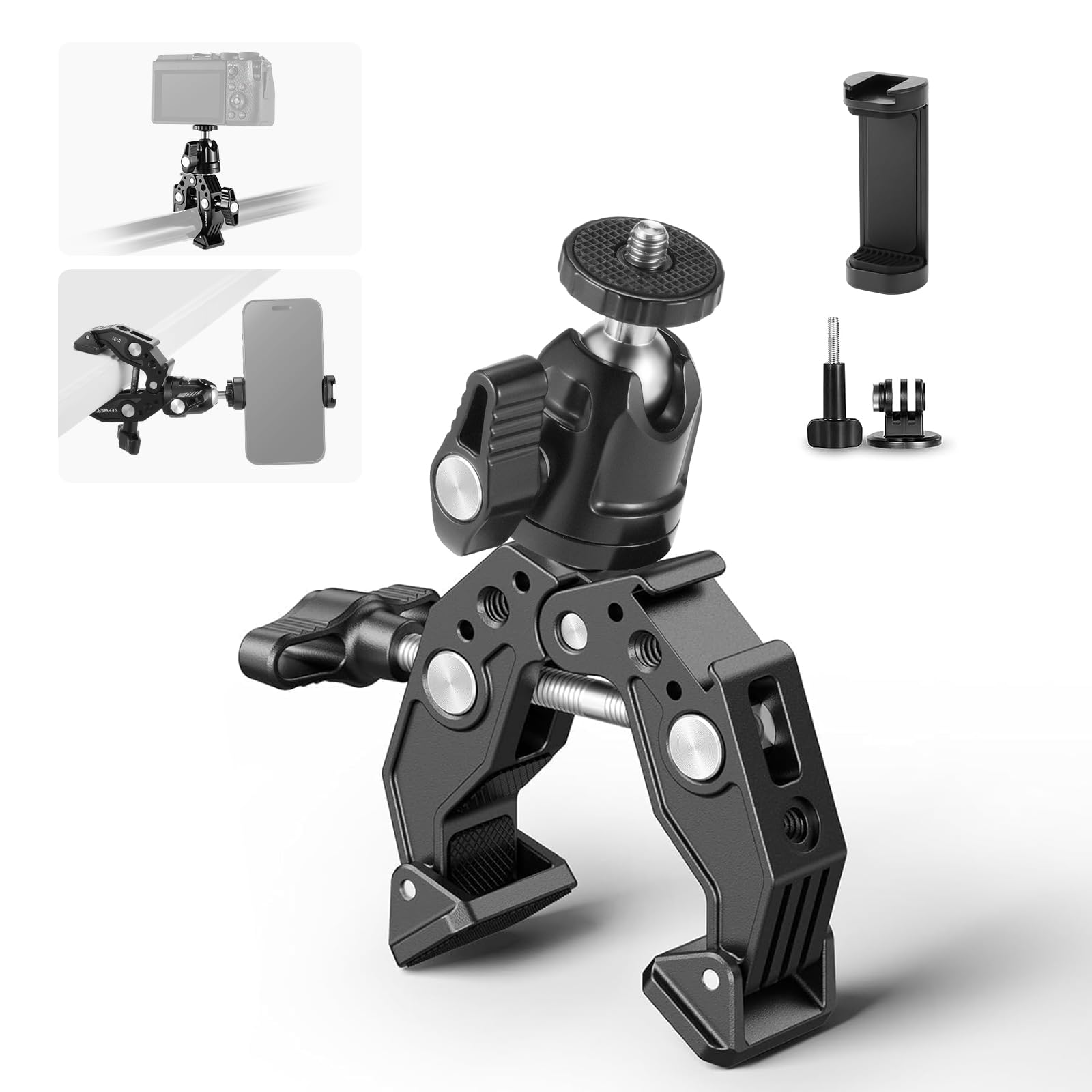 NEEWER Super Clamp with 3" Dual Ballhead Magic Arm, Cold Shoe, 1/4" Threads, Phone/Action Camera Mount Adapter for Desk Tripod Tube Crossbar Gimbal Rods Compatible with SmallRig GoPro DJI, ST83