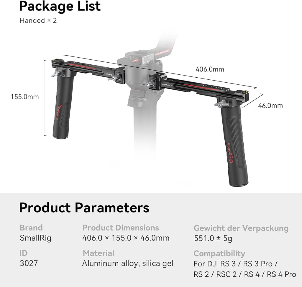 SMALLRIG Dual Handle Handgrip for DJI RS 4 /RS 4 Pro/RS 3 / RS 3 Pro/RS 2 / RSC 2 Gimbal, Gimbal Handle Grip with NATO Rails, Cold Shoe, 1/4"-20 & 3/8"-16 Threaded Holes