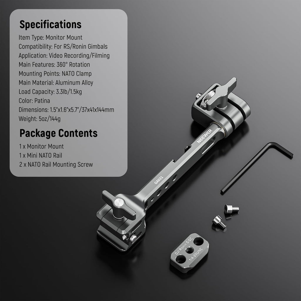 NEEWER NATO Monitor Mount for RS Gimbal, 360° Rotatable Field Monitor Holder with NATO Clamp, Cold Shoe, 1/4" Threads, Compatible with DJI RS4 RS4 PRO RS 3 RS 3 PRO RS 2 RSC 2 Ronin-S Ronin-SC, GA021