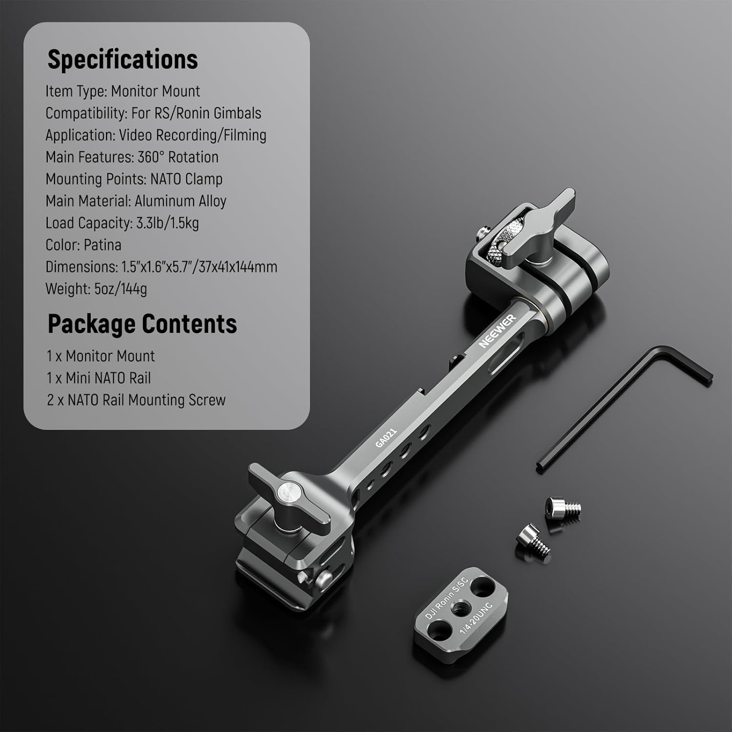 NEEWER NATO Monitor Mount for RS Gimbal, 360° Rotatable Field Monitor Holder with NATO Clamp, Cold Shoe, 1/4" Threads, Compatible with DJI RS4 RS4 PRO RS 3 RS 3 PRO RS 2 RSC 2 Ronin-S Ronin-SC, GA021