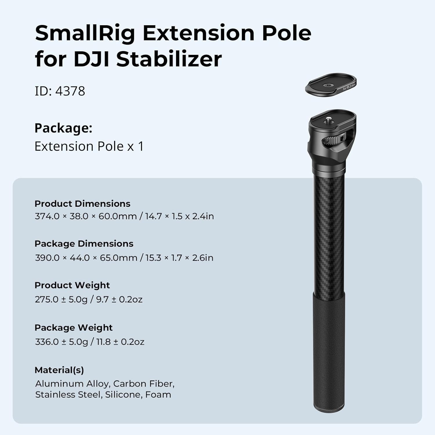 SmallRig Gimbal Extension Pole, 15" / 37cm Carbon Fiber Stabilizer Extension Arm with Anti-Deflection Baffle and 1/4-20" Screw for DJI RS 4 Mini/RS 4 / RS 4 Pro/RS 3 / RS 3 Pro/RS 3 mini/RS 2