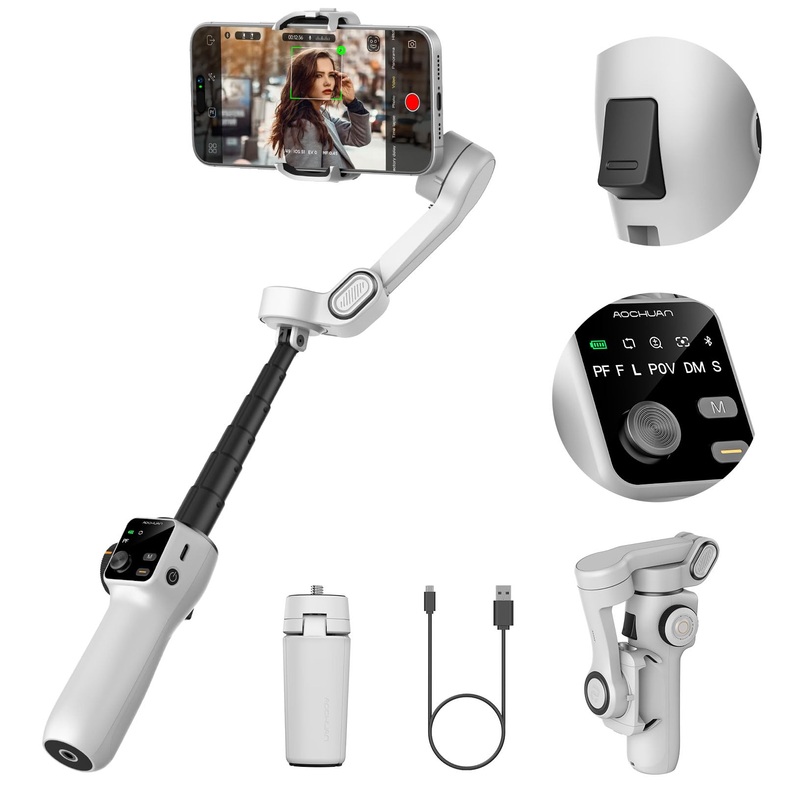3-axis Gimbal Stabilizer w/Built-in 7.8' Extension Rod, Vlogging Phone Gimbal w/AI Tracking, Portable Smartphone Holder for iPhone w/Full-Screen OLED Display, Trigger Button Smart V8(Black)