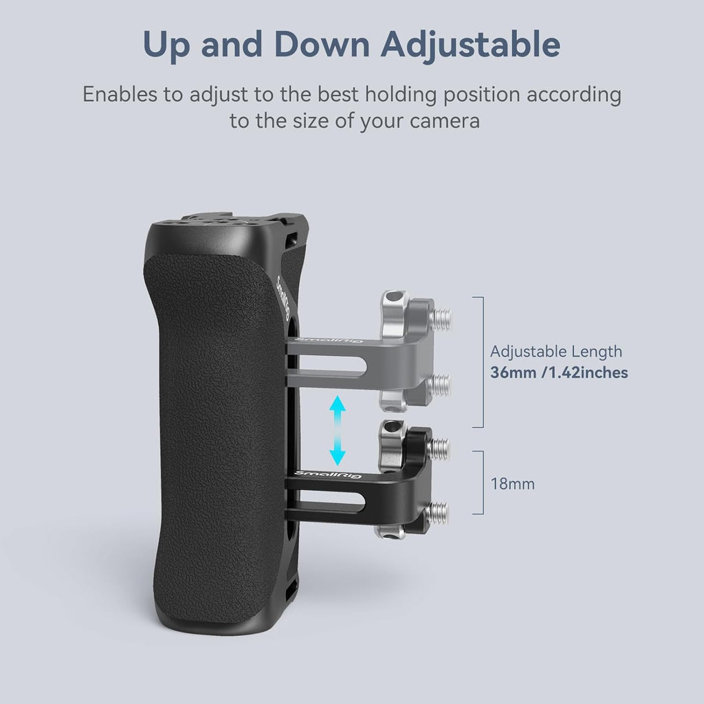 SmallRig Aluminum Side Handle for Camera Cages, Universal Ergonomic Side Handgrip with Bulit-in 1/4"-20 Locating Hole, Strap Hole, Cold Shoe, 36mm Up/Down Adjustable