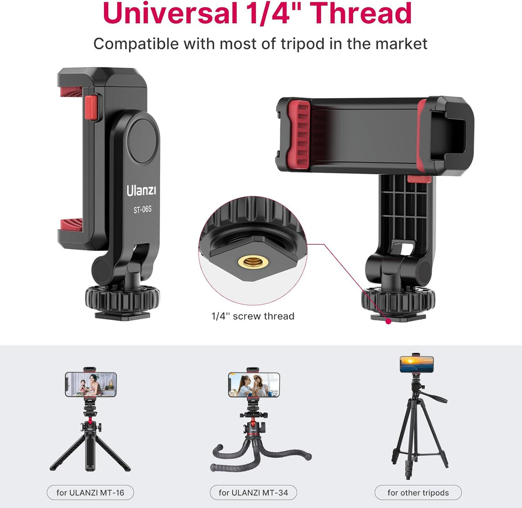 Phone Tripod Mount Holder for iPhone - ULANZI ST-06S Camera Hot 2 Cold Shoe Phone Mount Compatible for iPhone Android Sony Canon DJI Ronin S/SC Zhiyun Gimbals