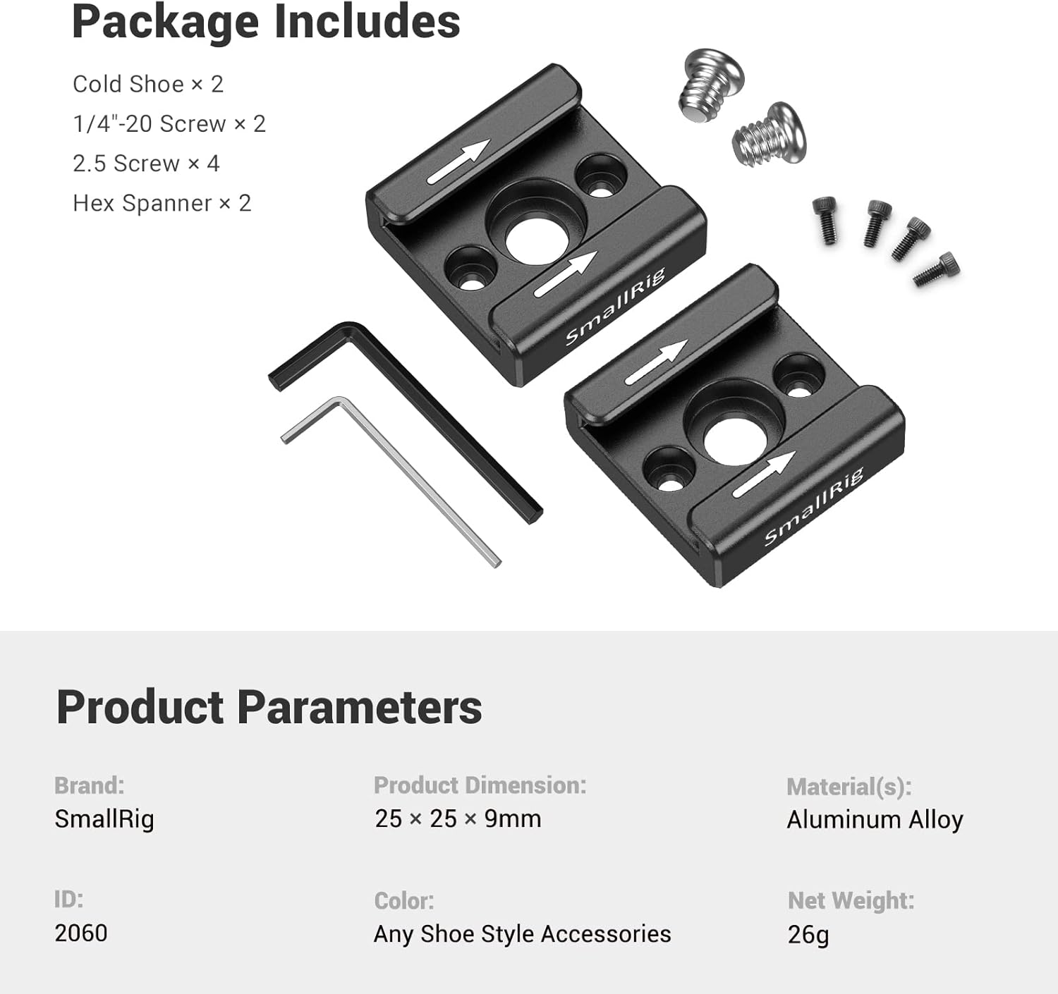 SmallRig Cold Shoe Mount (2pcs Pack) with 1/4"-20 Thread for Camera Cage Flash LED Monitor Microphone - 2060