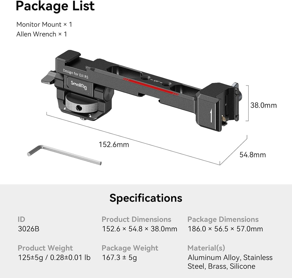 SMALLRIG Adjustable Camera Monitor Mount with Quick Release NATO Clamp, Cold Shoe Mount, Anti-Twist Design for DJI RS 4 Mini/RS 4 / RS 4 Pro/RS 2 / RSC 2 / RS 3 / RS 3 Pro/RS 3 Mini