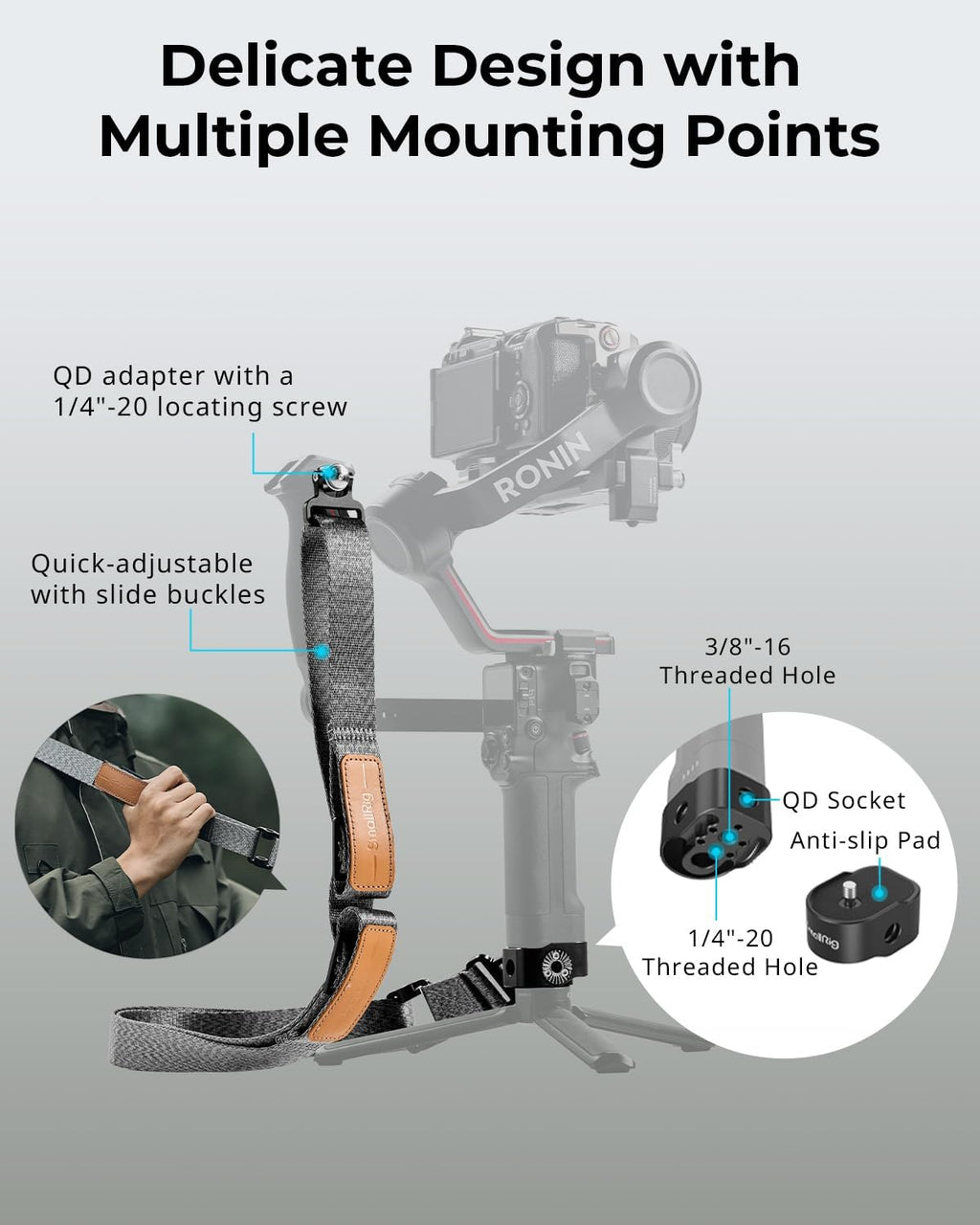 SmallRig Adjustable Sling Handgrip Gimbal Sling Handle w/Shoulder Strap for DJI RS 3 / RS 3 Pro/RS 2 Stabilizer, Ergonomic Grip for Low Angle Shots