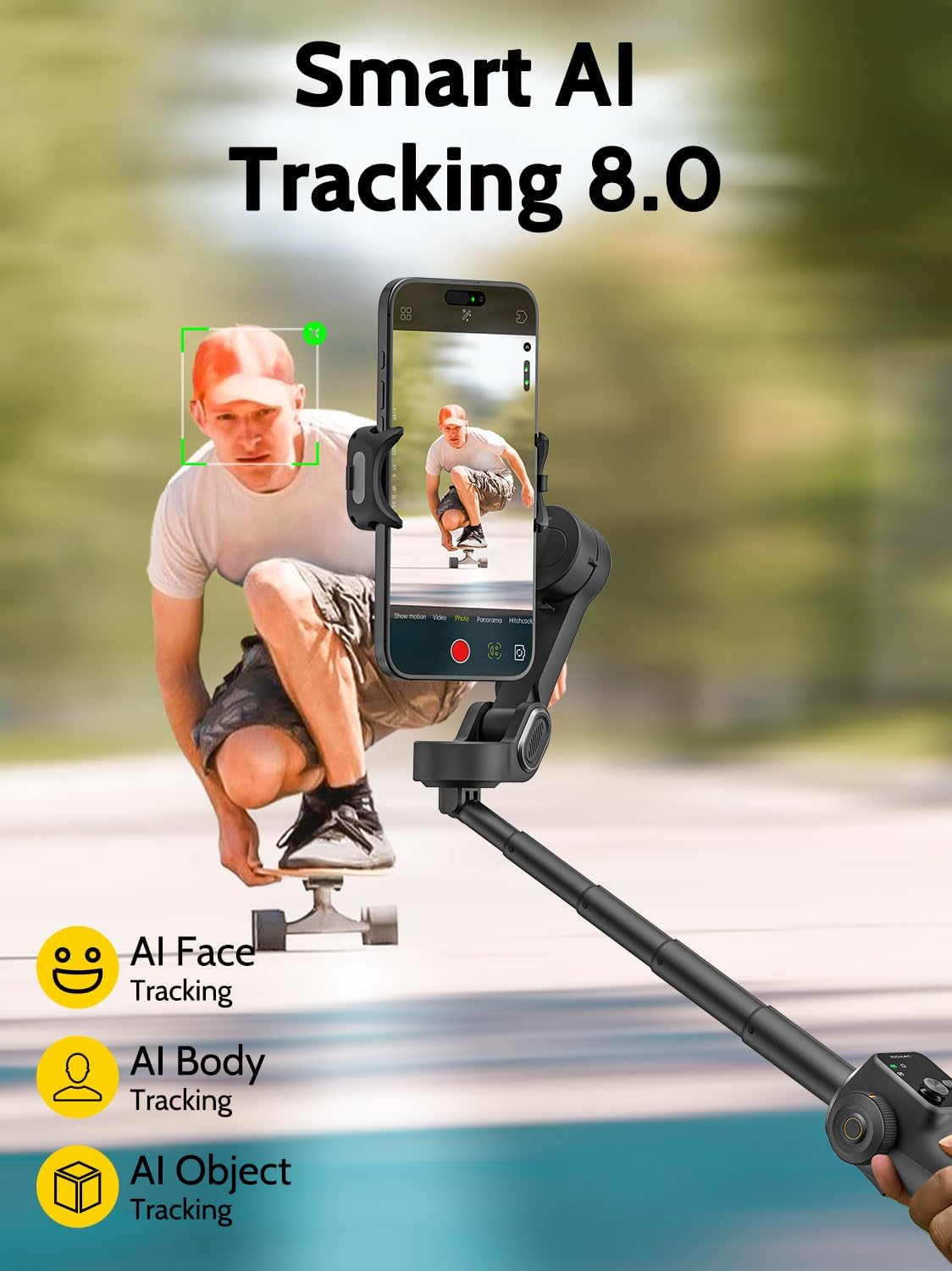3-axis Gimbal Stabilizer w/Built-in 7.8' Extension Rod, Vlogging Phone Gimbal w/AI Tracking, Portable Smartphone Holder for iPhone w/Full-Screen OLED Display, Trigger Button Smart V8(Black)