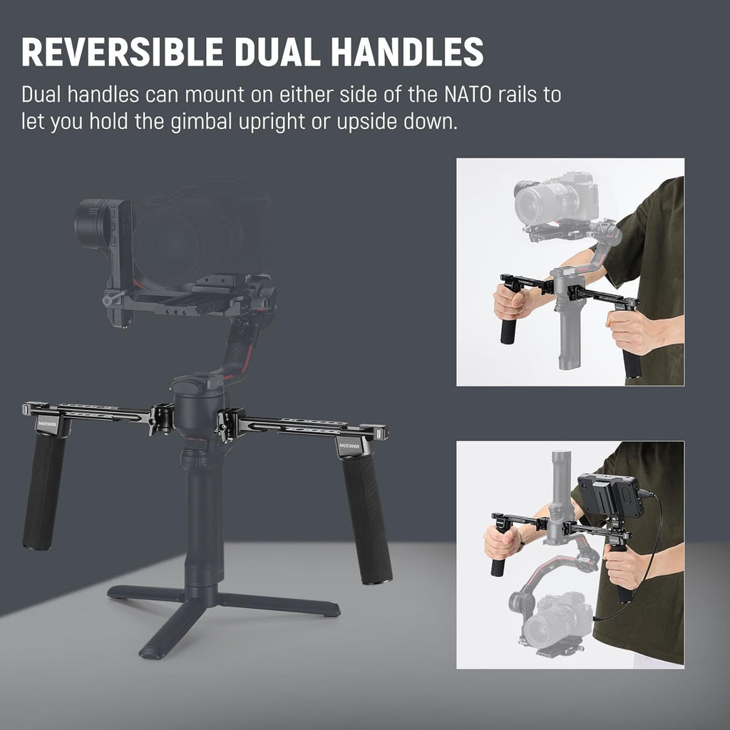 NEEWER Dual Handgrip Compatible with DJI RS4 RS4 Pro RS3 RS3 Pro RS2 RSC2 Ronin S SC Gimbal, Dual Handle Kit with 2 Mini NATO Rails, Quick Release NATO Clamps, 1/4" & 3/8" Threads, GA006