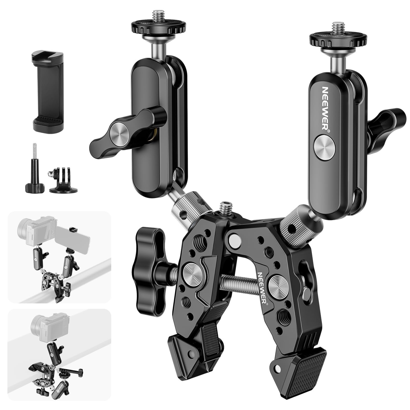 NEEWER Super Clamp with 3" Dual Ballhead Magic Arm, Cold Shoe, 1/4" Threads, Phone/Action Camera Mount Adapter for Desk Tripod Tube Crossbar Gimbal Rods Compatible with SmallRig GoPro DJI, ST83