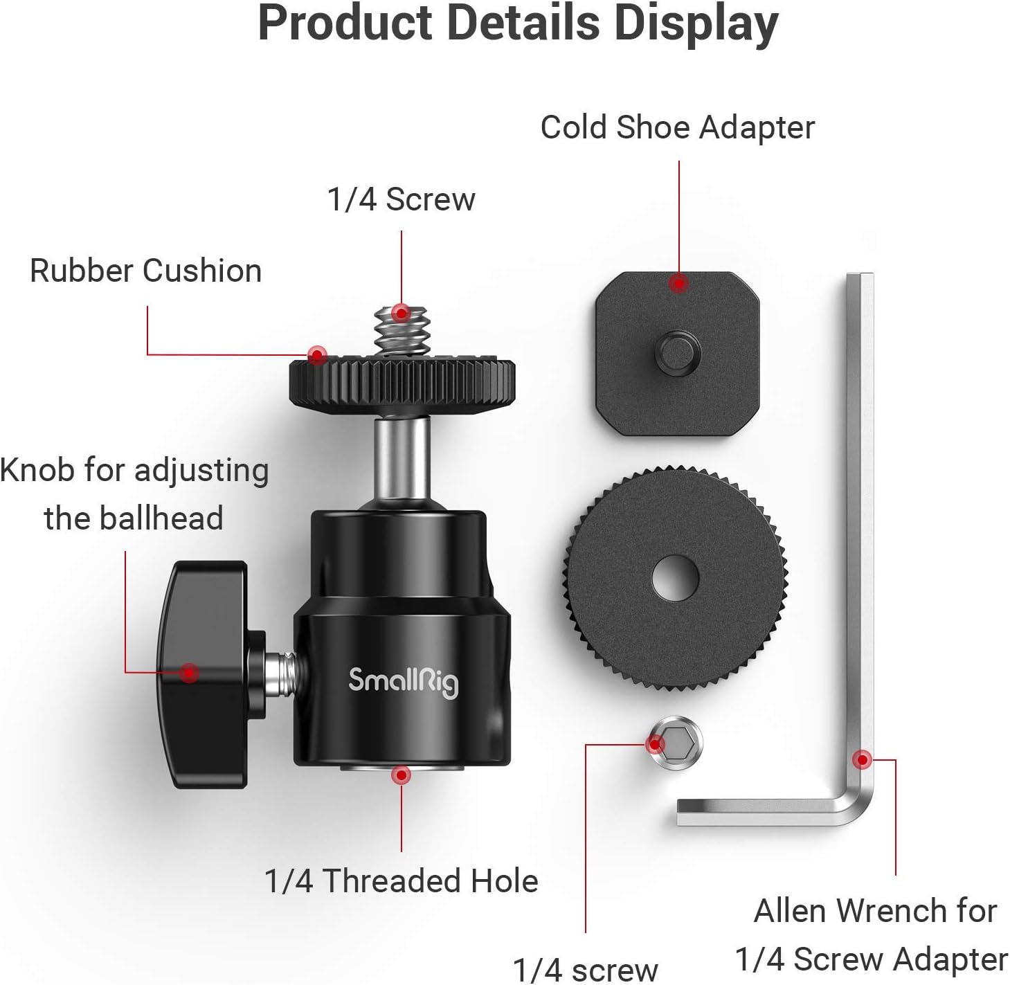 SmallRig 1/4" Camera Hot Shoe Mount, Ballhead Tripod with Additional 1/4" Screw, 2pcs Pack - 2059
