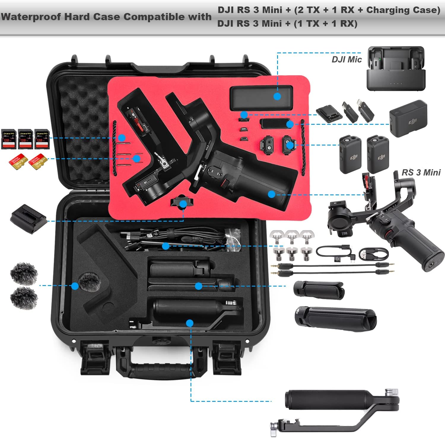 Lekufee Waterproof Hard Carrying Case for DJI RS 3 Mini, Gimbal Stabilizer, Mic 3/2/Mini (2 TX + 1 RX),& More Accessories(Case Only)