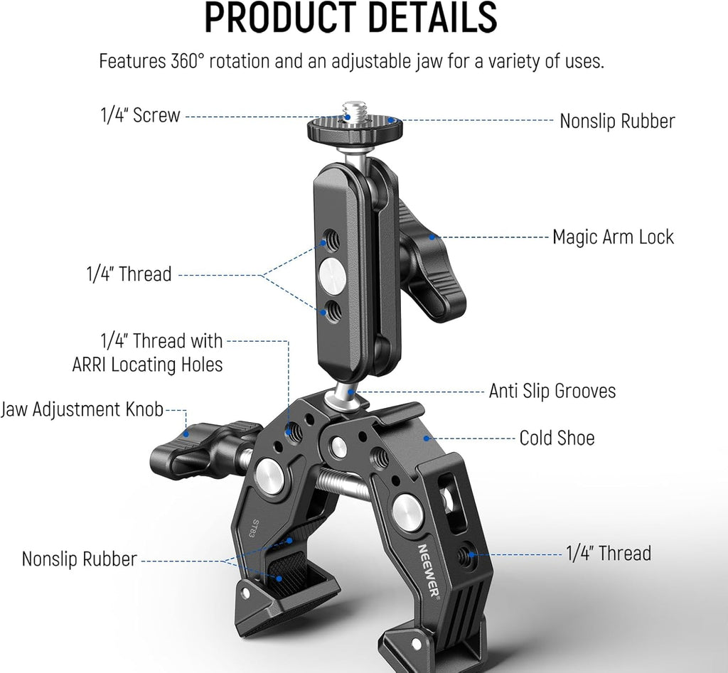 NEEWER Super Clamp with 3" Dual Ballhead Magic Arm, Cold Shoe, 1/4" Threads, Phone/Action Camera Mount Adapter for Desk Tripod Tube Crossbar Gimbal Rods Compatible with SmallRig GoPro DJI, ST83
