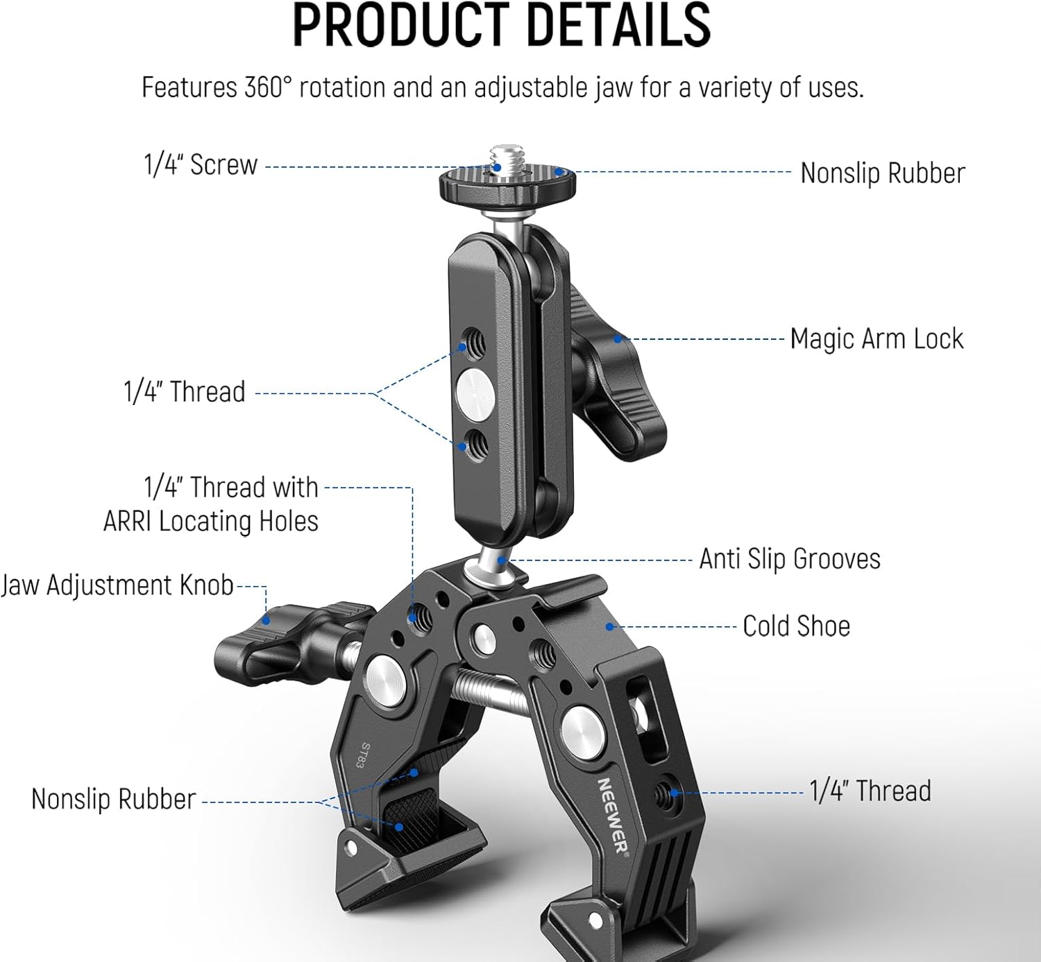 NEEWER Super Clamp with 3" Dual Ballhead Magic Arm, Cold Shoe, 1/4" Threads, Phone/Action Camera Mount Adapter for Desk Tripod Tube Crossbar Gimbal Rods Compatible with SmallRig GoPro DJI, ST83