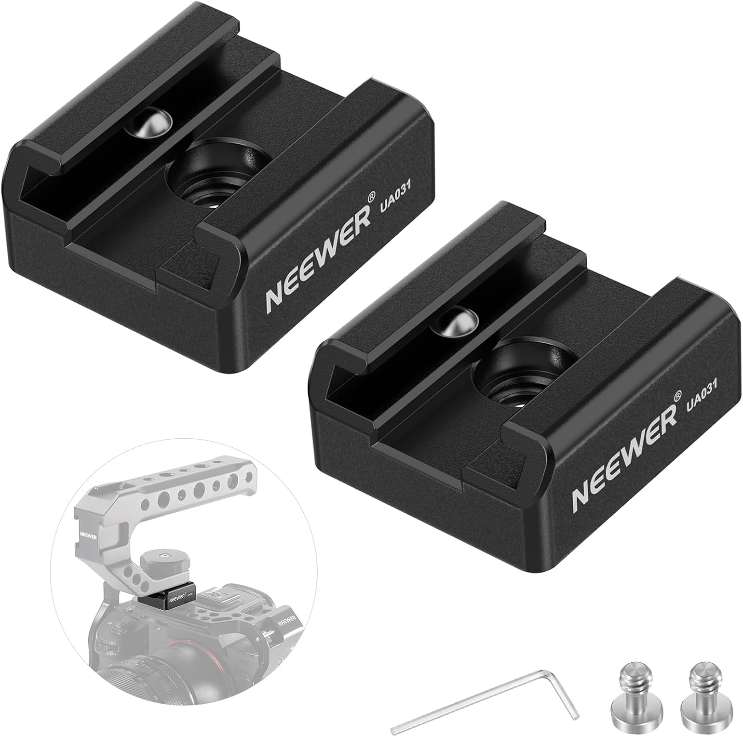 NEEWER 2 Pack Cold Shoe Mount Adapter with 1/4" Screws for Flash LED Light Monitor Microphone, Aluminum Shoe Mount with Anti Twist Pins Non Slip Pads Compatible with SmallRig Cage Top Handles, UA031