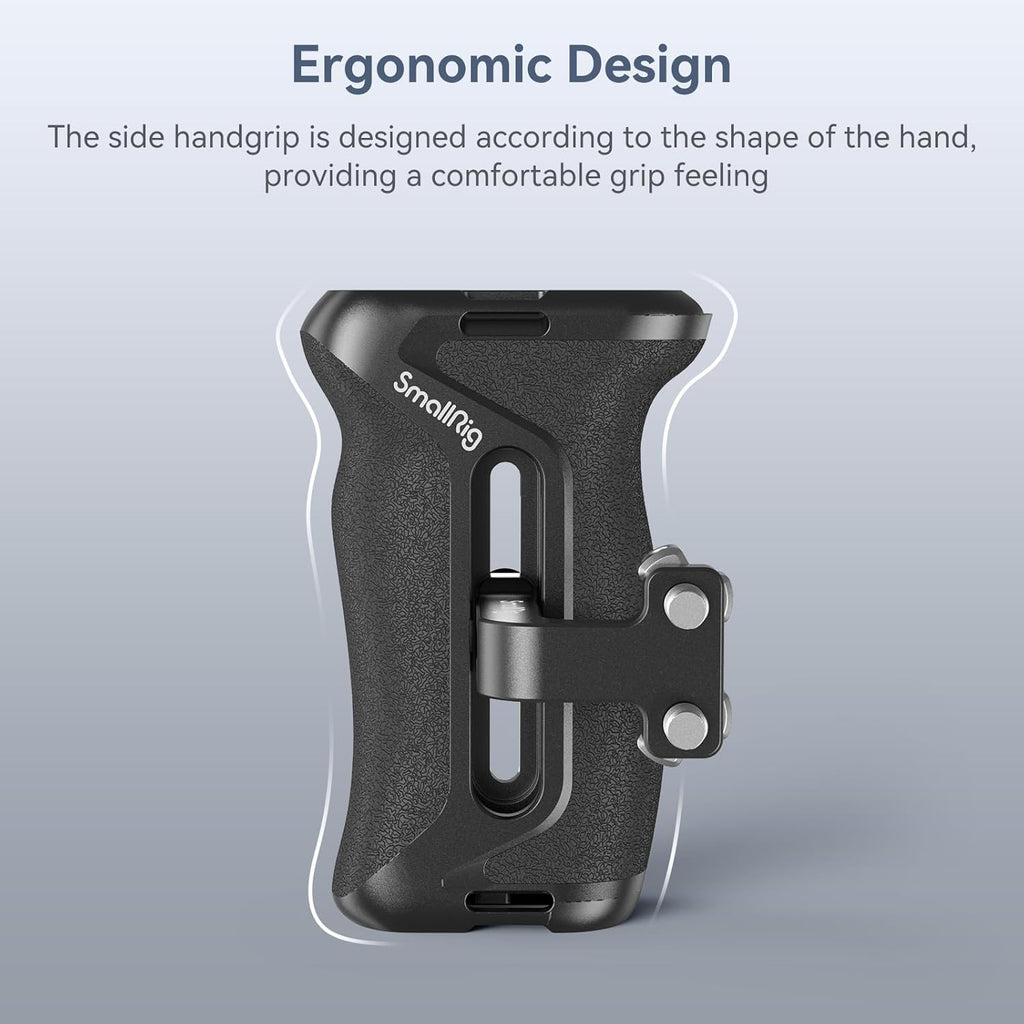 SmallRig Aluminum Side Handle for Camera Cages, Universal Ergonomic Side Handgrip with Bulit-in 1/4"-20 Locating Hole, Strap Hole, Cold Shoe, 36mm Up/Down Adjustable