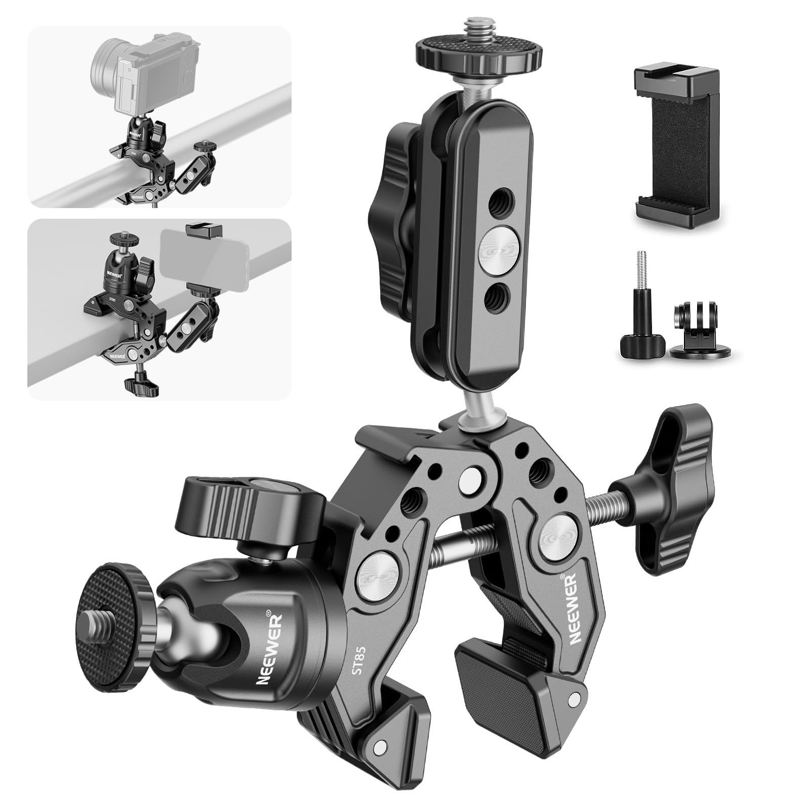 NEEWER Super Clamp with 3" Dual Ballhead Magic Arm, Cold Shoe, 1/4" Threads, Phone/Action Camera Mount Adapter for Desk Tripod Tube Crossbar Gimbal Rods Compatible with SmallRig GoPro DJI, ST83
