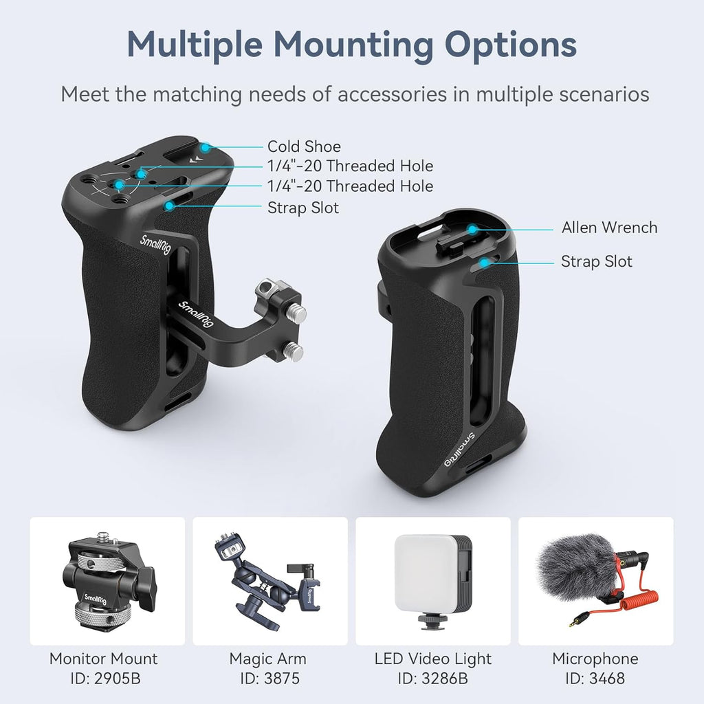 SmallRig Aluminum Side Handle for Camera Cages, Universal Ergonomic Side Handgrip with Bulit-in 1/4"-20 Locating Hole, Strap Hole, Cold Shoe, 36mm Up/Down Adjustable