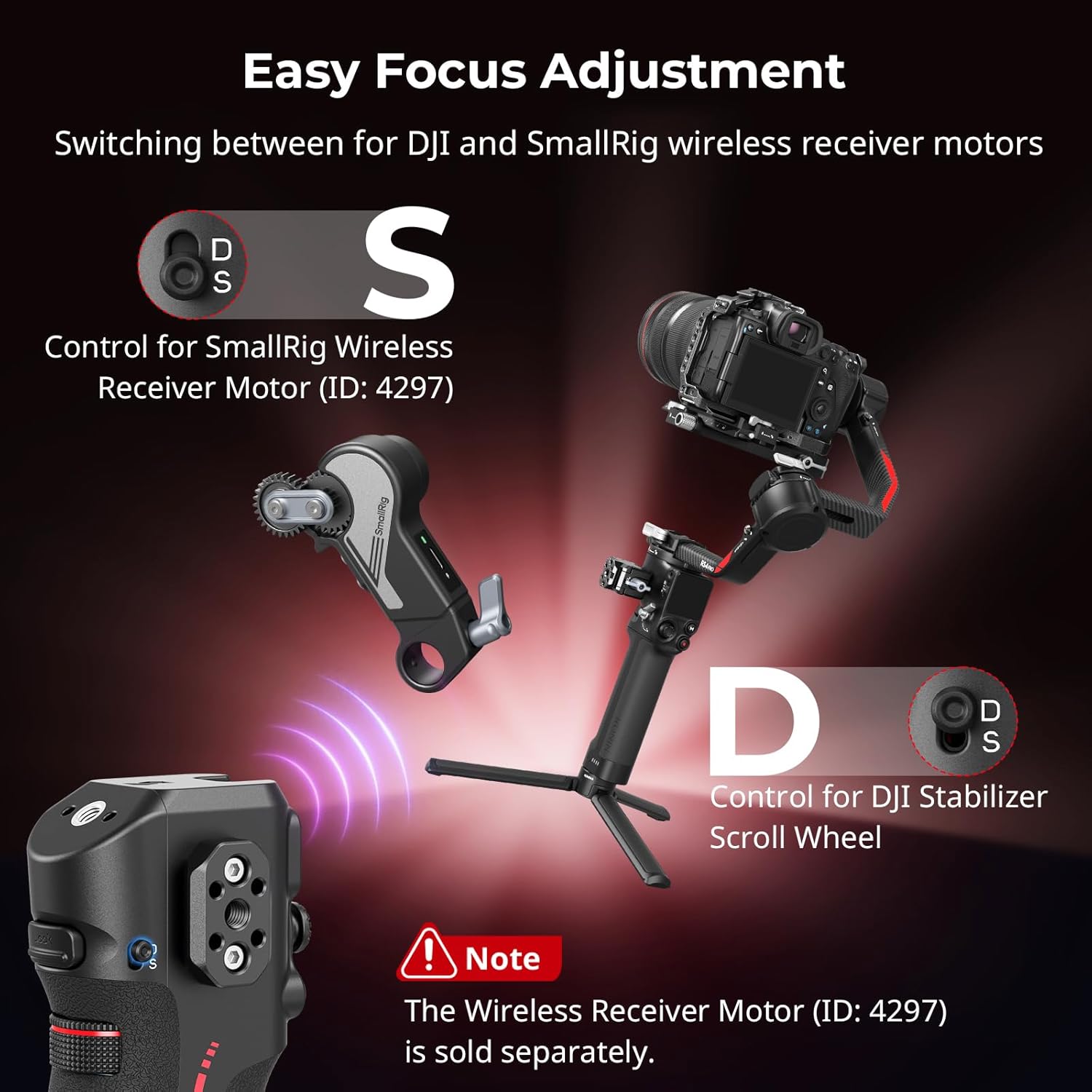SMALLRIG Handle with Follow Focus for DJI RS 2 / RS 3 Pro/RS 4 / RS 4 Pro Gimbal Stabilizer, Handle with 1/4"-20 locating Holes and a Cold Shoe Mount, Max Load 4.4lb